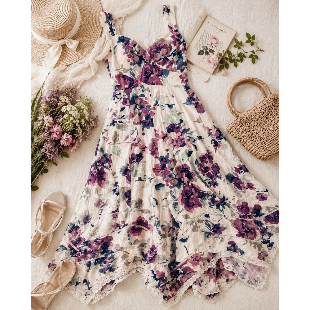 Laura Ashley Dress L Linen Blend Handkerchief Crochet Hem Lined Cottagecore‎
